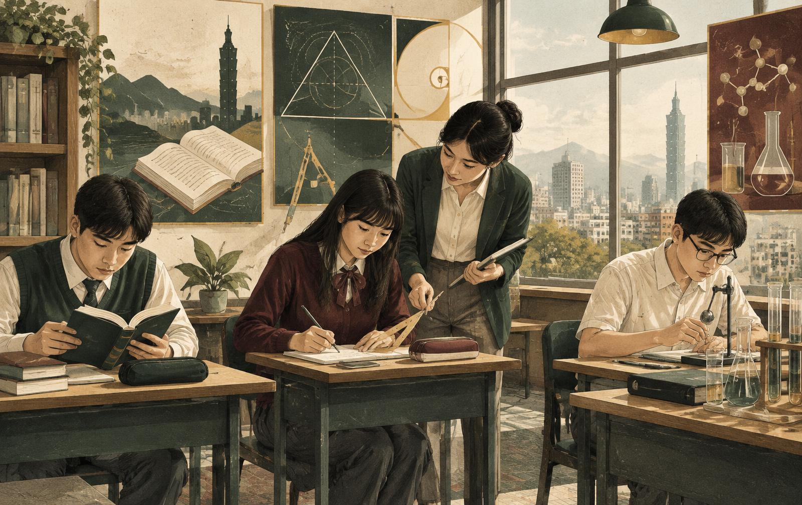 AI editorial illustration:三位高中生分別研讀英文、數學與自然科,一位教師進行個別輔導,非任何補習班真實教室