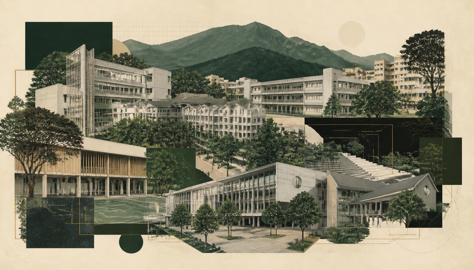 AI editorial illustration:台中校園建築群拼貼插畫