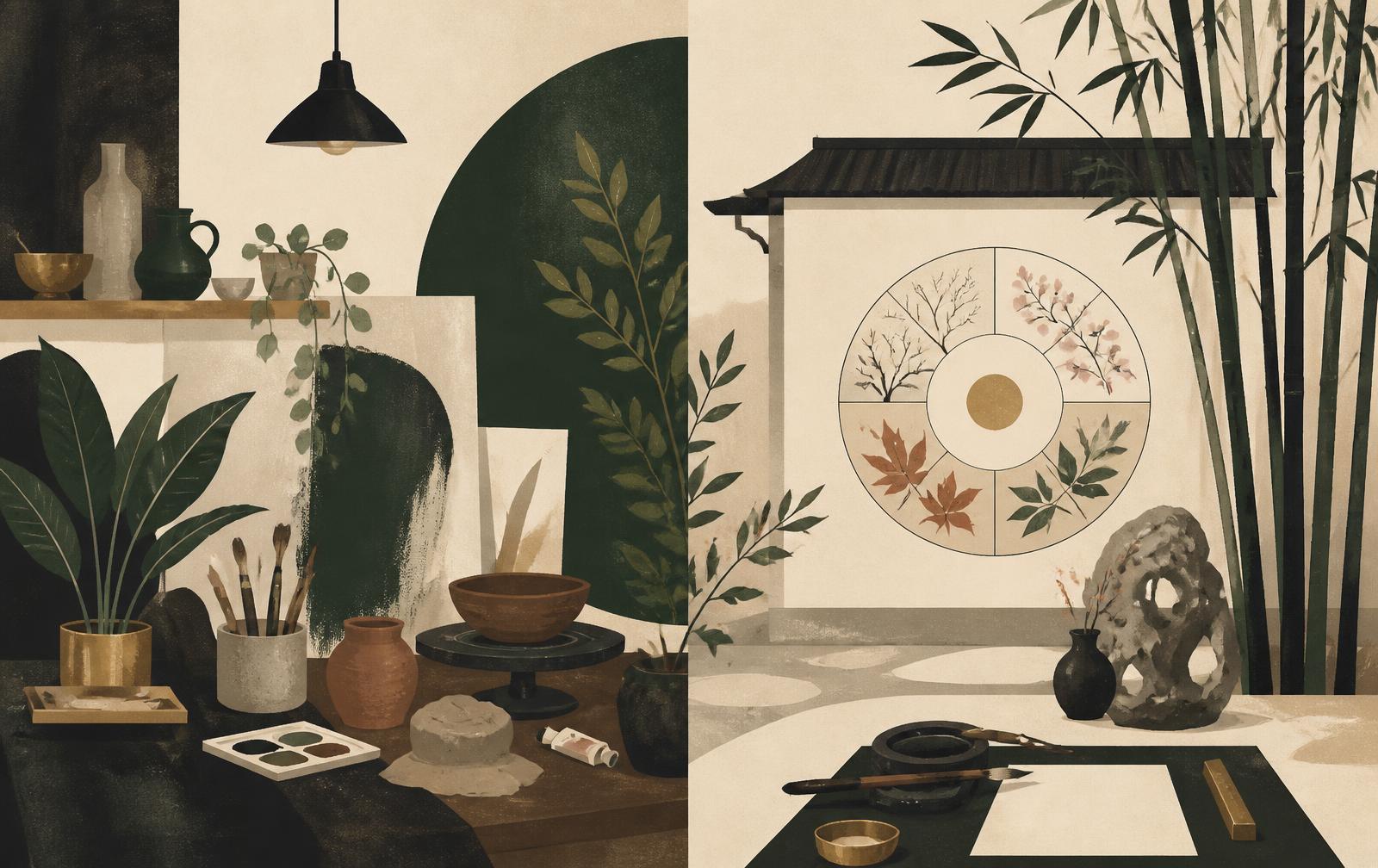 AI editorial illustration：左側創作工作室與右側人文節氣庭院的對照插畫，非真實校園照片