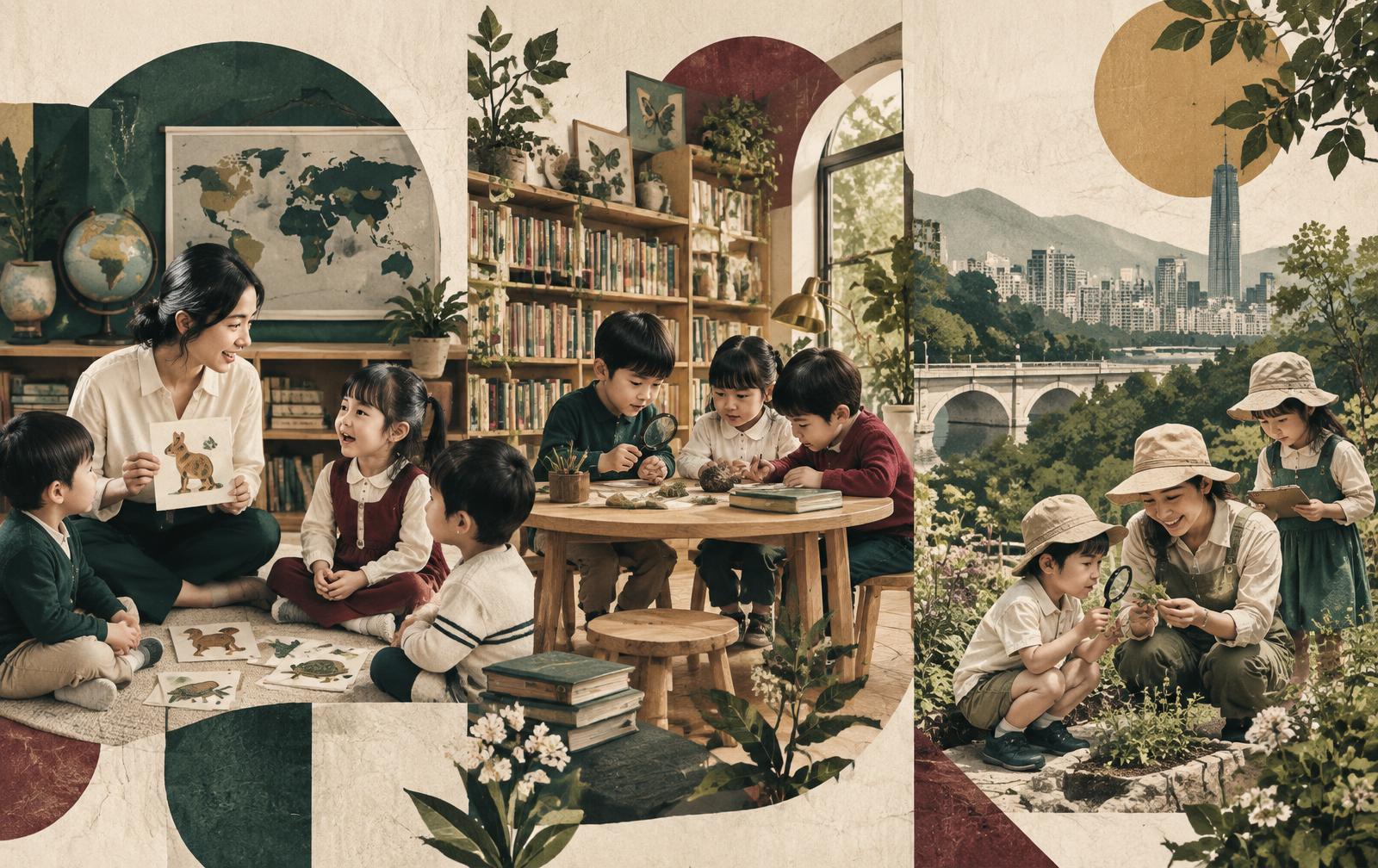 AI editorial illustration：台中幼兒在英文繪本、主題探究與自然觀察情境中學習，非任何學校真實照片