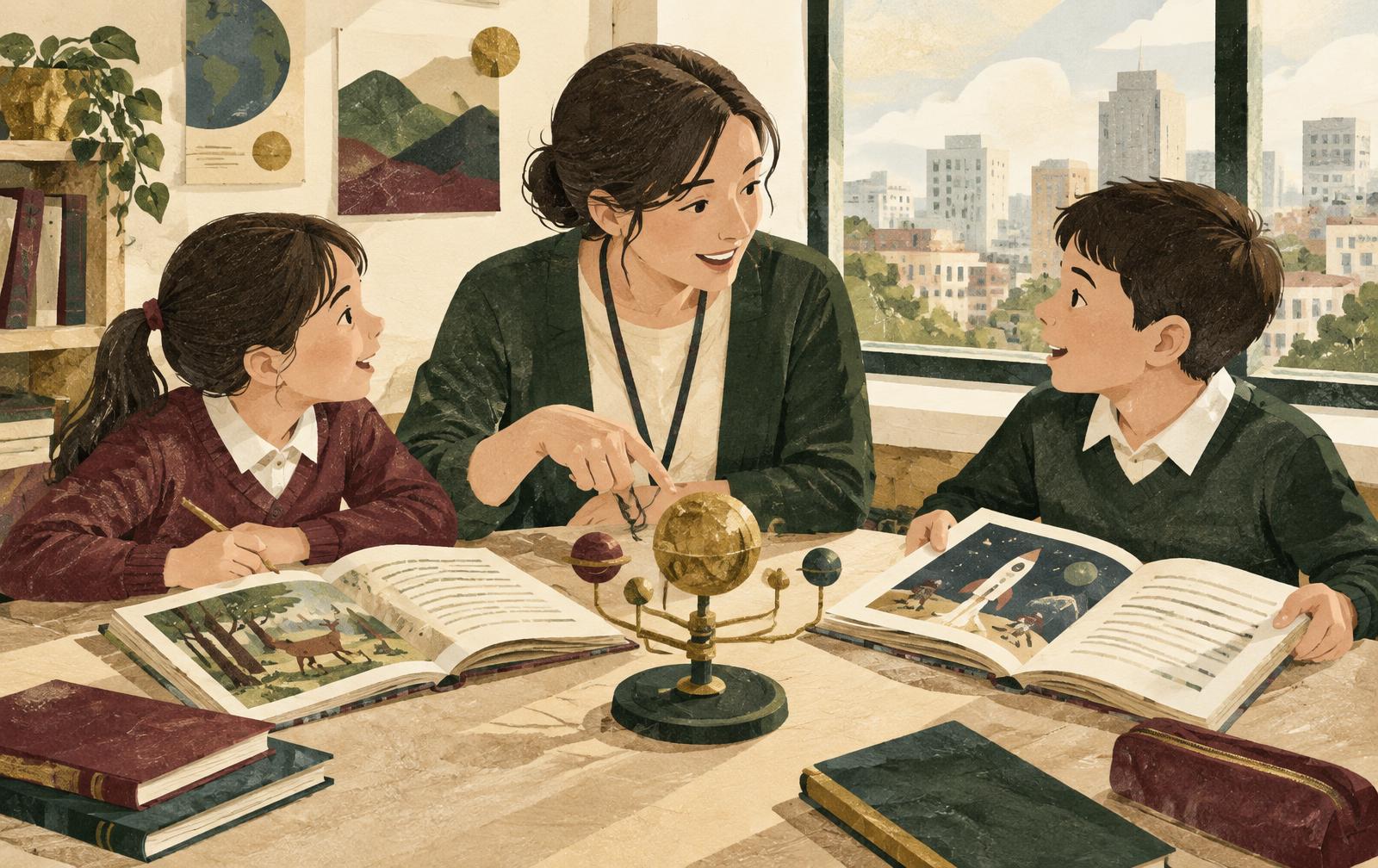 AI editorial illustration:國小孩子課後與教師閱讀及討論科學主題,非葳格真實教室
